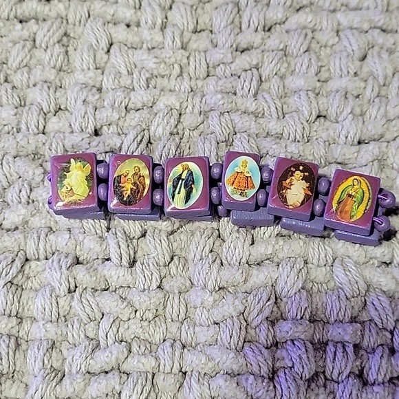 Purple Handmade Wooden Religious Saints Stretchy Beaded Bracelet - Picture 2 of 3